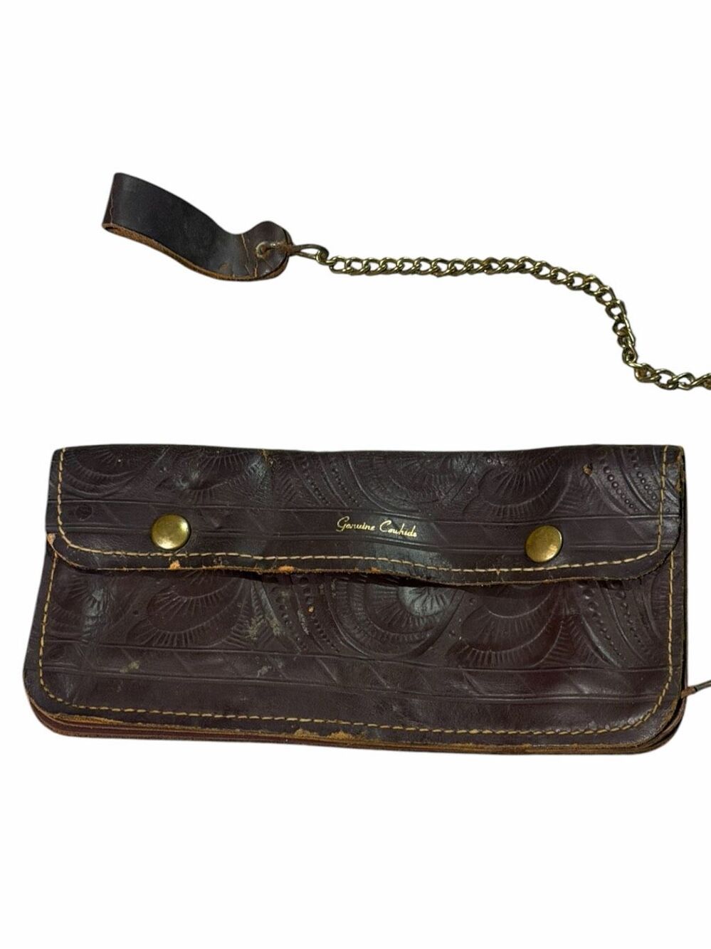VINTAGE Brown Genuine Cowhide Tooled Leather Wallet With Chain